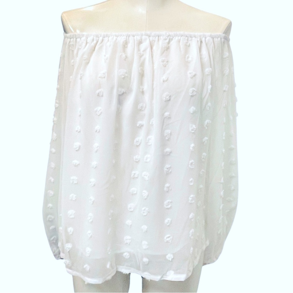 White dotted off shoulder flowy long sleeve chiffon blouse, size S, new - Picture 8 of 8